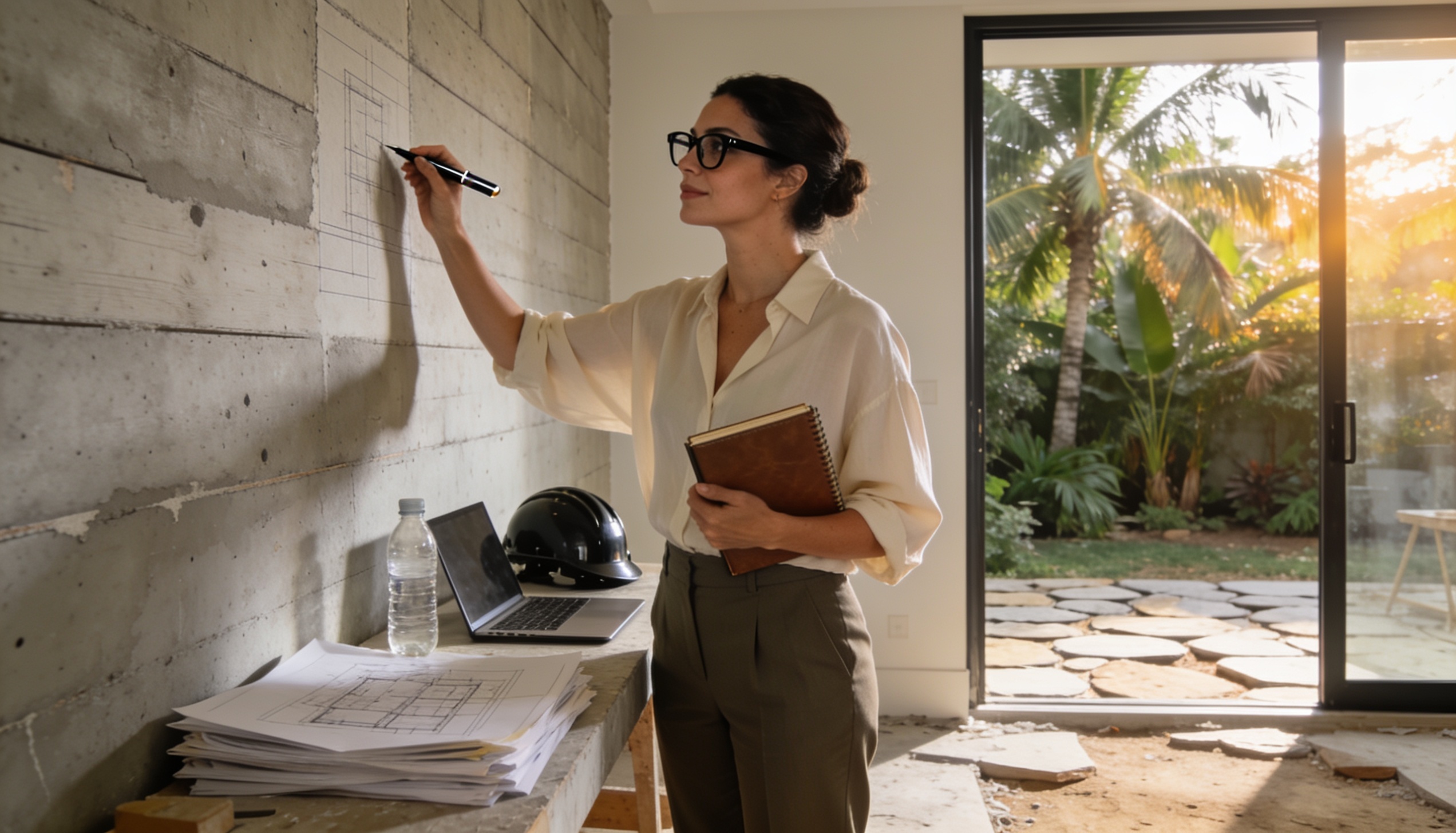 Engenheira analisando plantas técnicas com capacete e caderno de anotações em canteiro de obra