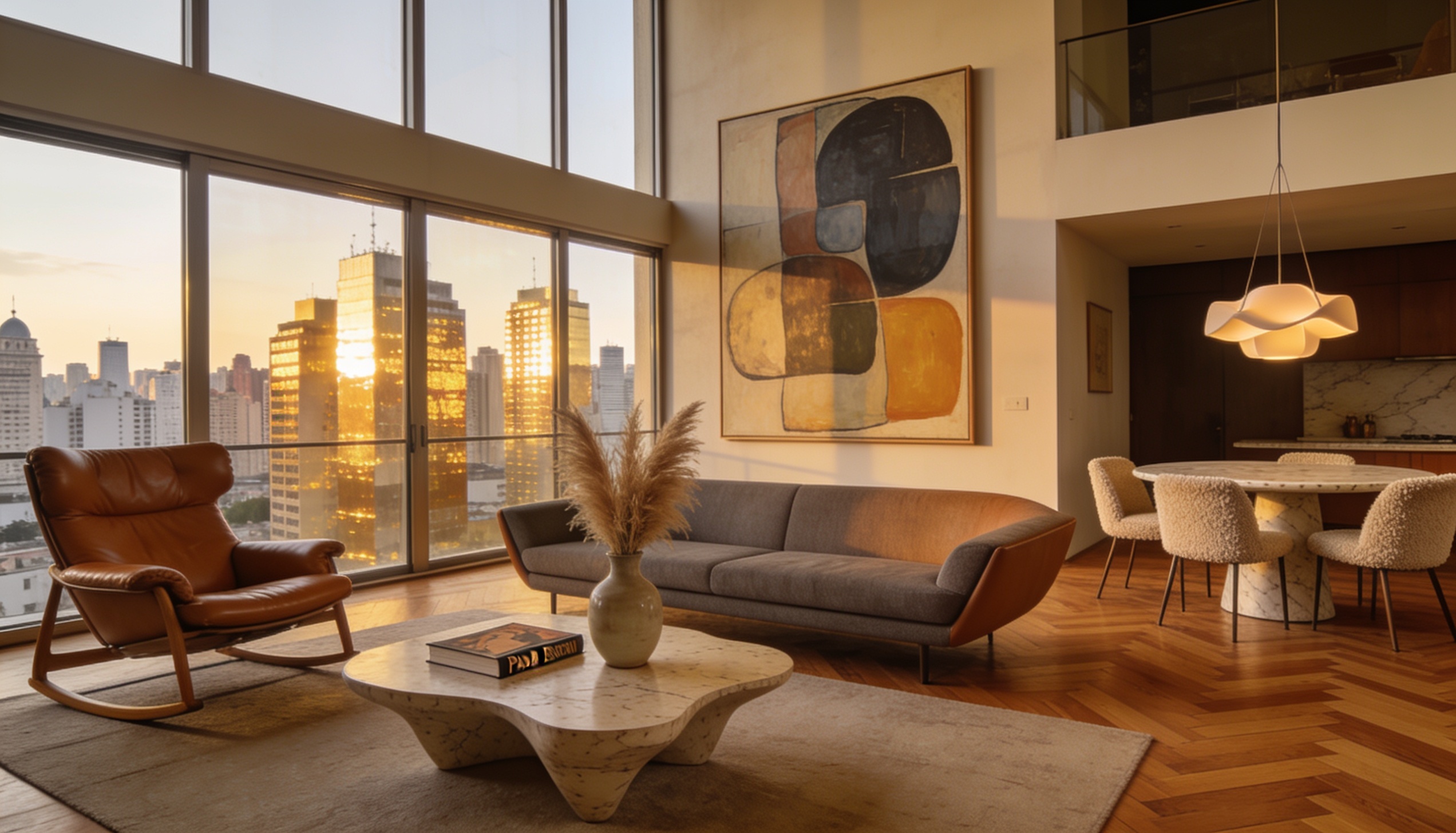 Vista de sala em apartamento moderno com iluminação natural e mobiliário integrado
