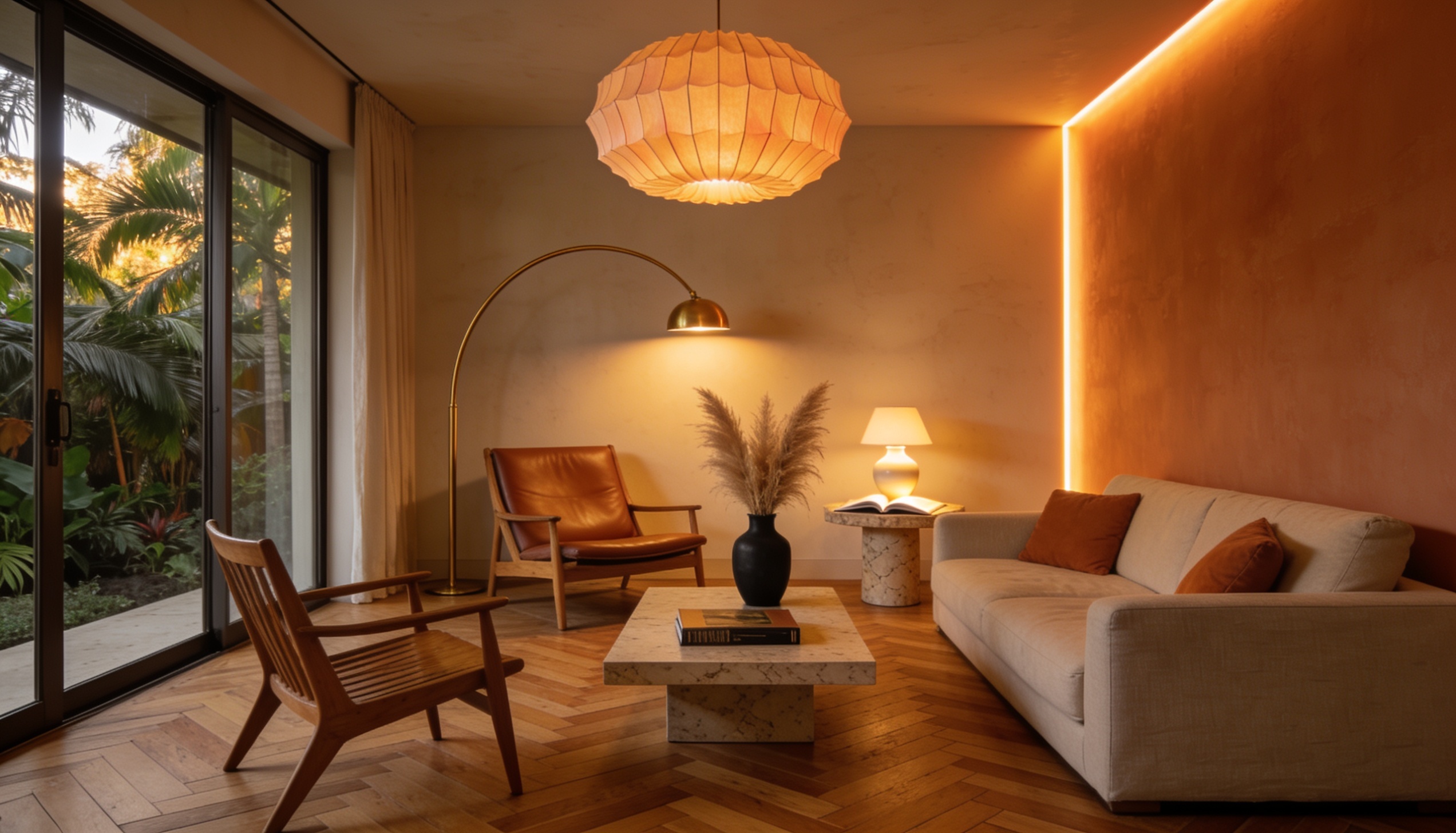 Sala aconchegante com iluminação em camadas: abajur, luminária de piso e luz indireta