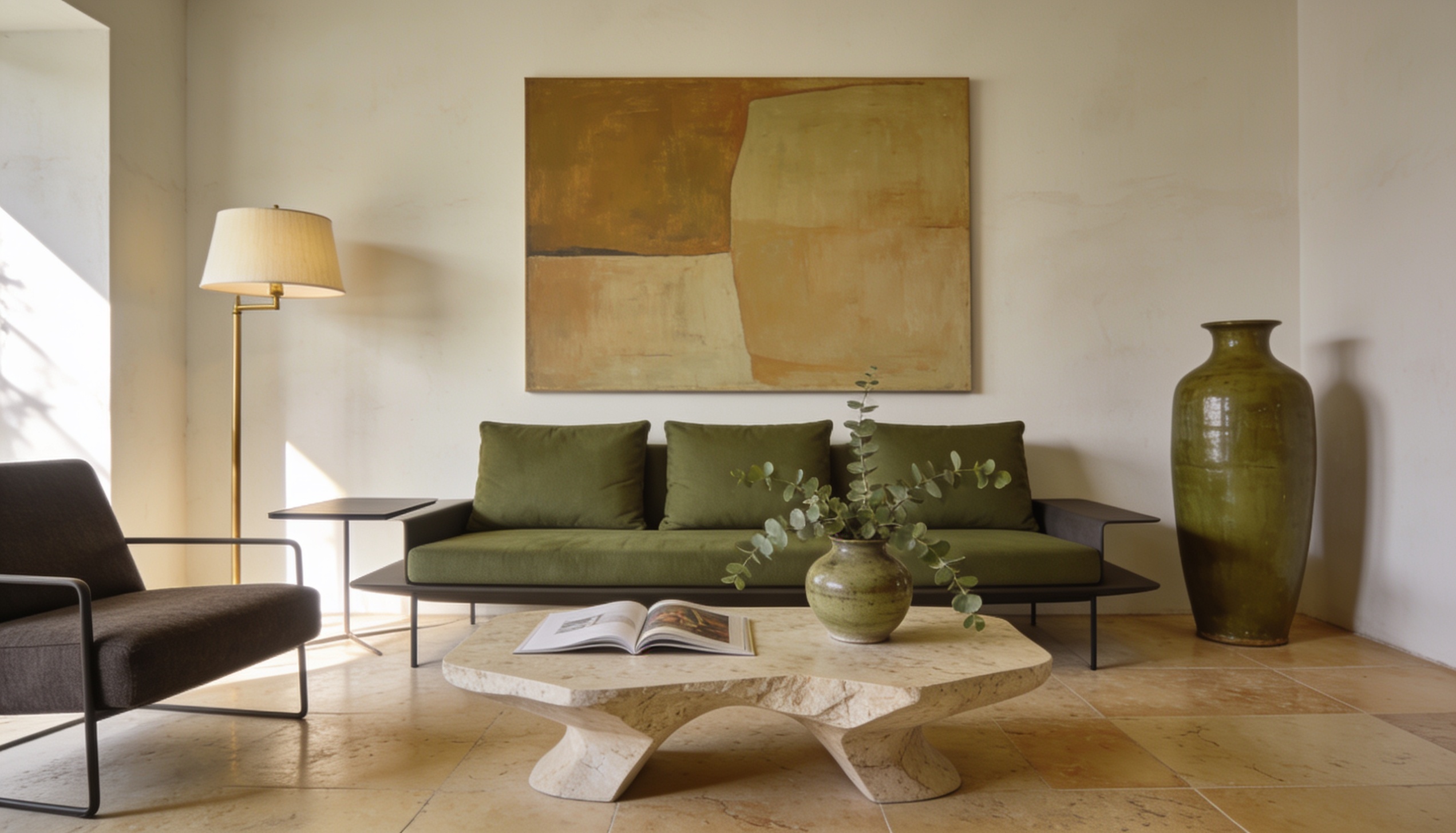 Sala com paleta neutra bege dominante, sofá cinza e almofadas verde-oliva de destaque