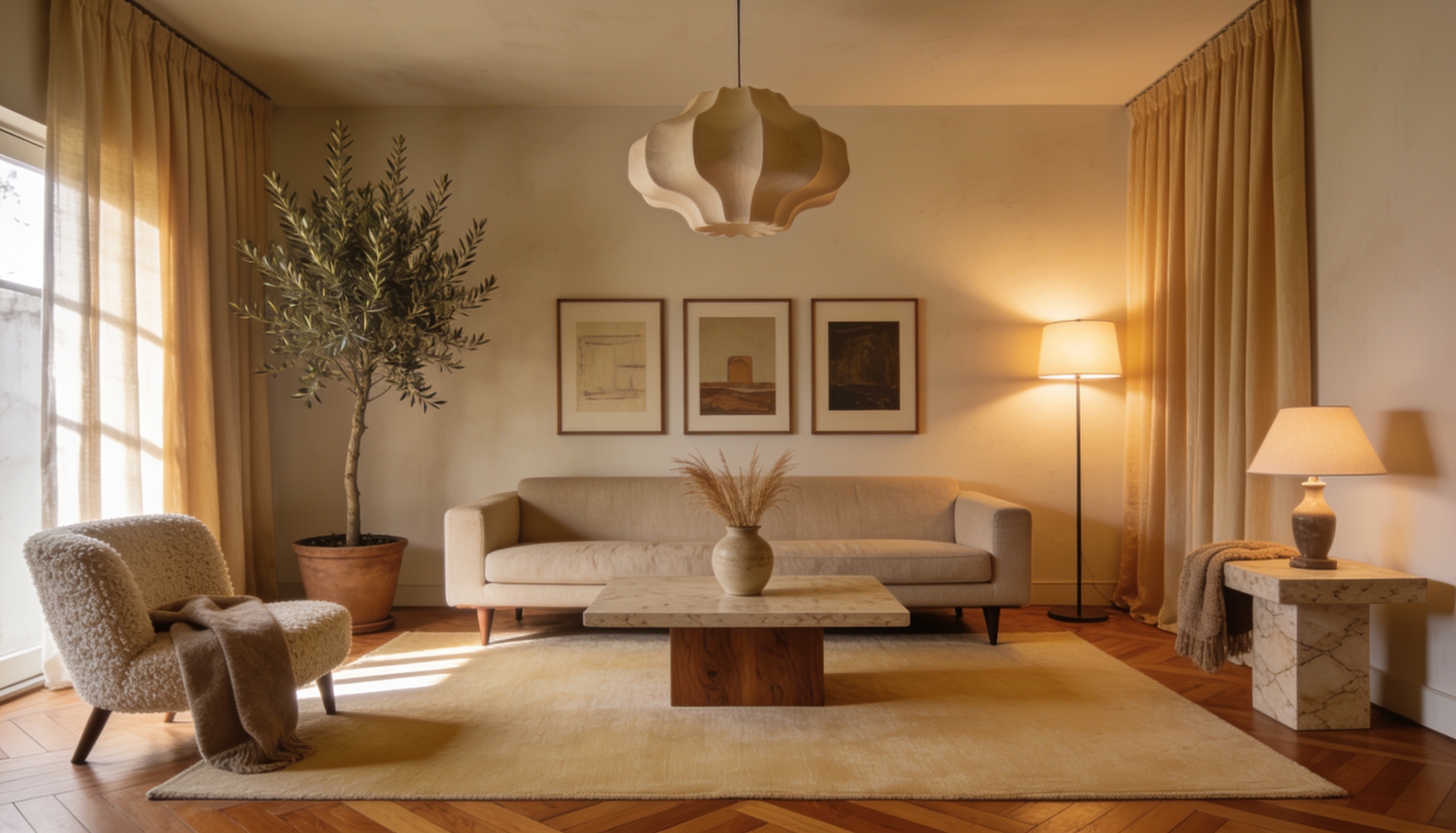 Sala minimalista com tapete grande, cortina até o teto e quadros bem posicionados