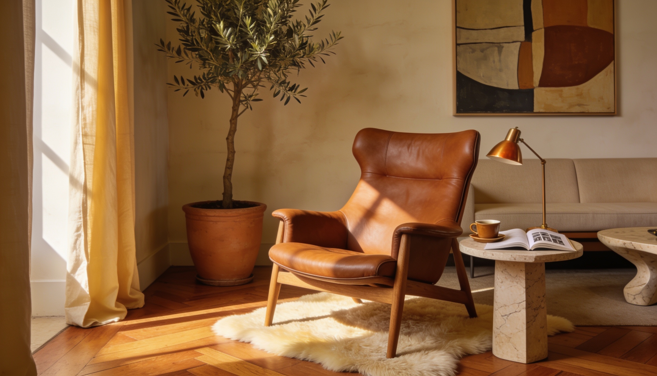 Cadeira de design escandinavo com estrutura de madeira clara e assento em tecido natural